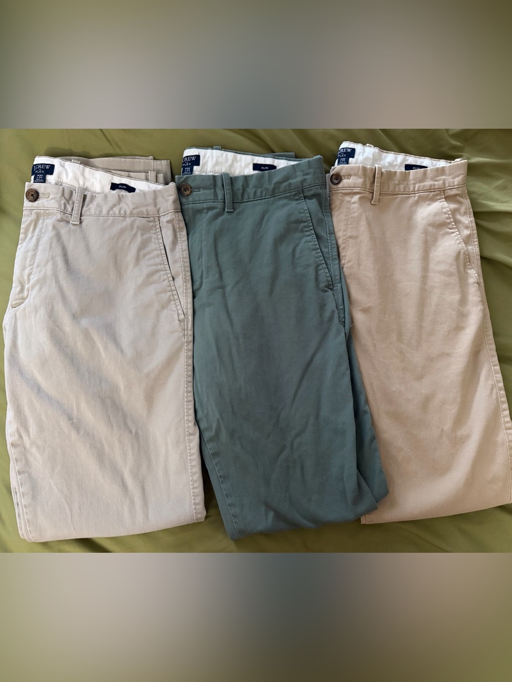 J. Crew Men's Chinos in Tan, Olive Green, and Light Beige size 32x34 slim